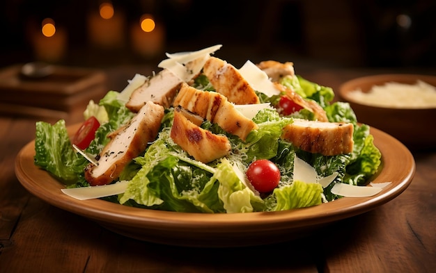 Caesar salad with grilled chicken and parmesan cheese on wooden background