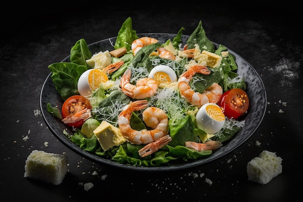 Caesar salad with shrimp products studio photo dark black background Generative AI