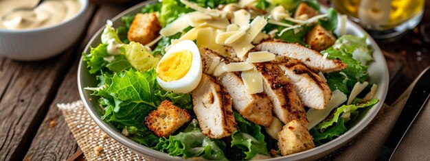 Foto caesar salade met gegrilde kip en crackers