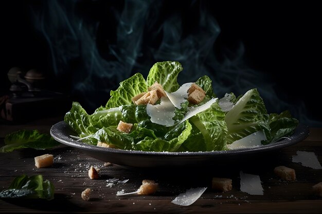 Caesarsalade met gegrilde kip croutons kwarteleitjes en kerstomaatjes op houten rustieke tafel Neuraal netwerk AI gegenereerd