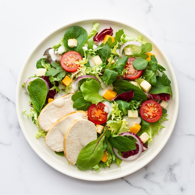 Foto caesarsalade met kippensla, tomatenkaas en saus op witte achtergrond