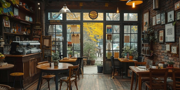 Photo cafe bar restaurant nobody indoor empty coffee shop interior daytime with wooden design counter red