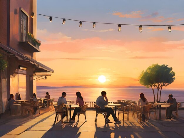 Cafe on the beach at sunset