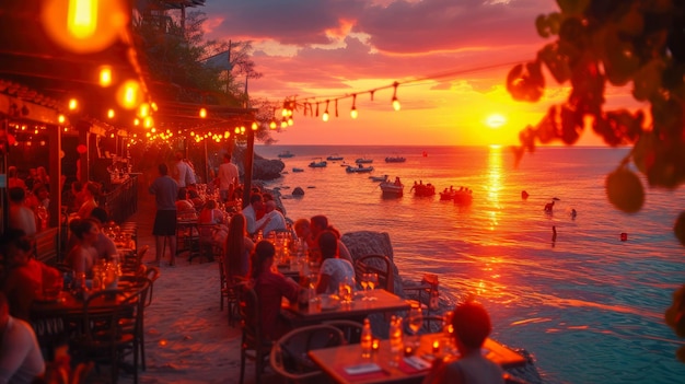 Cafe on the beach at sunset