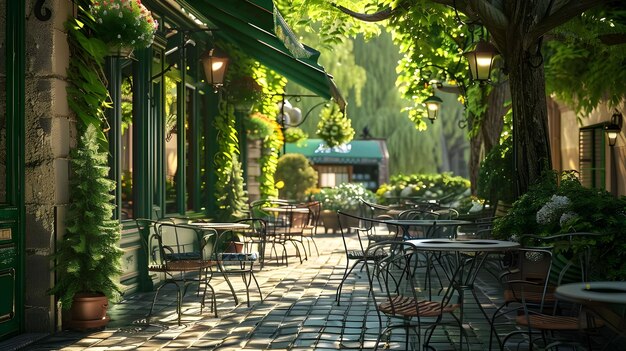 Photo a cafe beautified with charming green canopies and seating ai generated