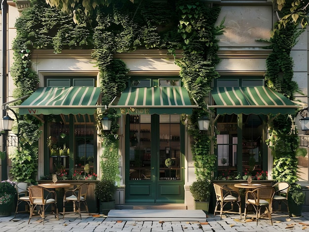 Photo a cafe beautified with charming green canopies and seating ai generated