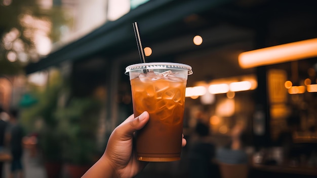 Foto un cliente del caffè che tiene un drink con una cannuccia di carta