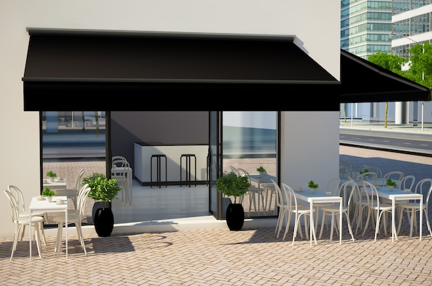 Cafe facciata mockup che mostra display e tenda da sole