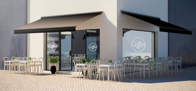 Photo cafe facade store with terrace view mockup