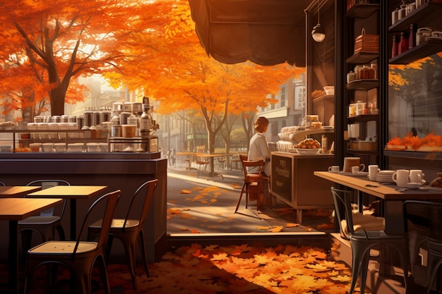 cafe illustration with autumn leaves and colors