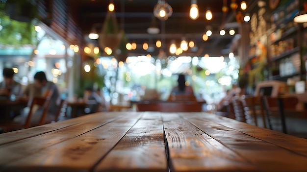 Café-interieur met klant en houten tafel vervaagt abstracte achtergrond met Generative AI
