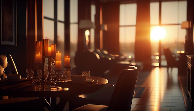 Café-interieur met tafels en stoelen Sunsetgenerative ai