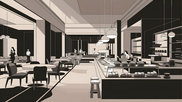 Cafe interior modern restaurant spacious bar illustration background