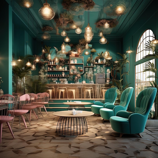 Photo cafe interior with green and tropical themed concept generated by ai