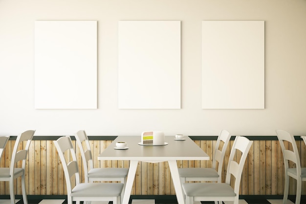 Photo cafe interior with three posters