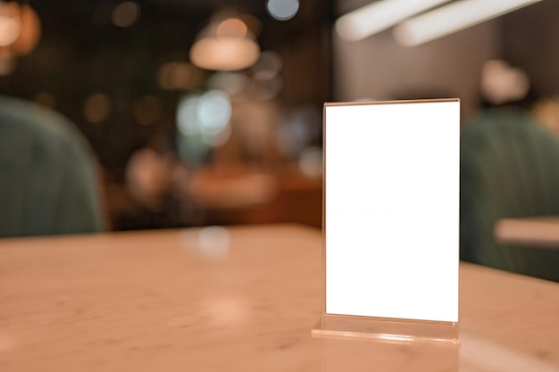 Cafe menu Menu frame standing on wood table in Bar restaurant cafe space for text marketing promotion