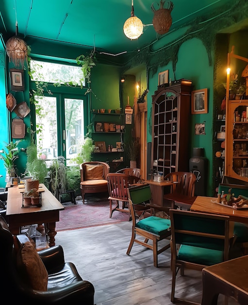 Café met groene muren en vintage houten meubels Ai Generative