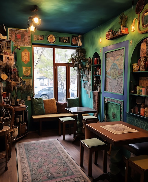 Café met groene muren en vintage houten meubels Ai Generative