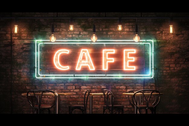 Photo cafe neon sign on brick wall background retro ambiance