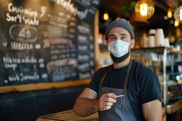 Cafe owner in mask advertises Corona specials on board