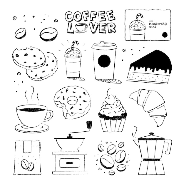 Cafe png sticker set koffie en taart doodle