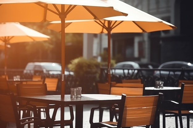 Cafe or restaurant tables and chairs outside with umbrella AI
