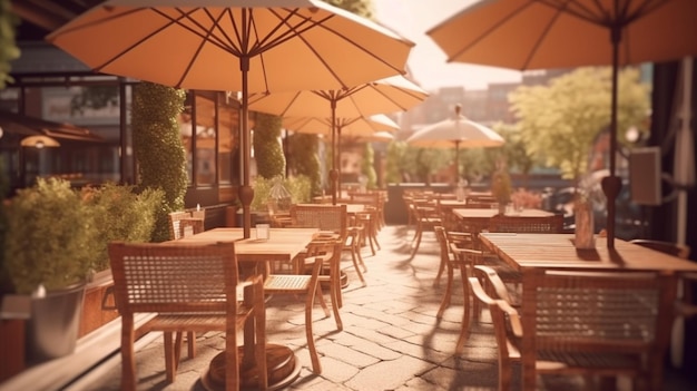 Cafe or restaurant tables and chairs outside with umbrGenerative AI