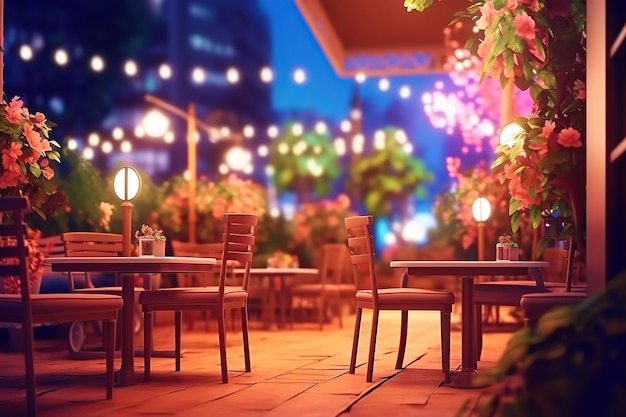 Терраса кафе или ресторана со столом Ai Umbrella и стульями ночью