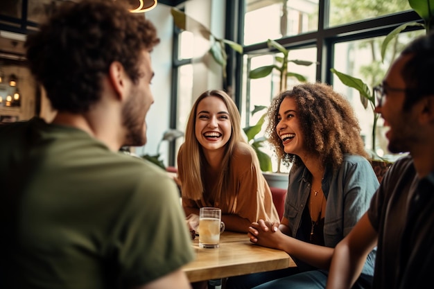 Photo cafe reunion happy friends meeting in a group generative ai