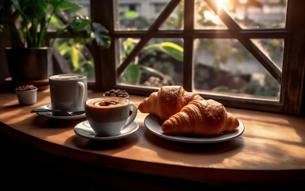 Cafe scene breakfast coffee and croissants