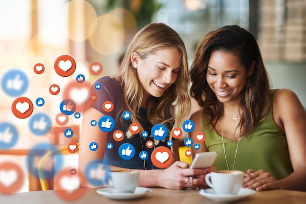 Cafe social media icoon of vrouwen met telefoon voor communicatie tekstpost of online dating chat Koffiemeisjes of gelukkige vrienden op mobiele app website of digitaal netwerk met smile like of heart emoji