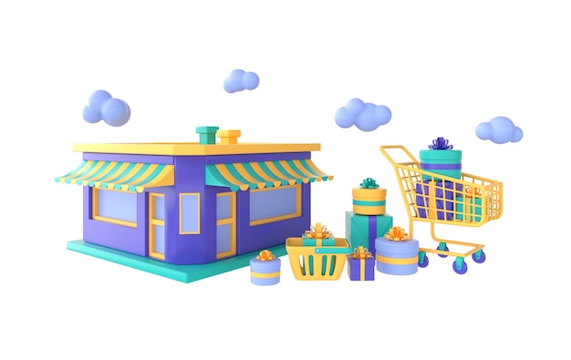 Cafe or store building shopping cart with present box clouds shopping bag