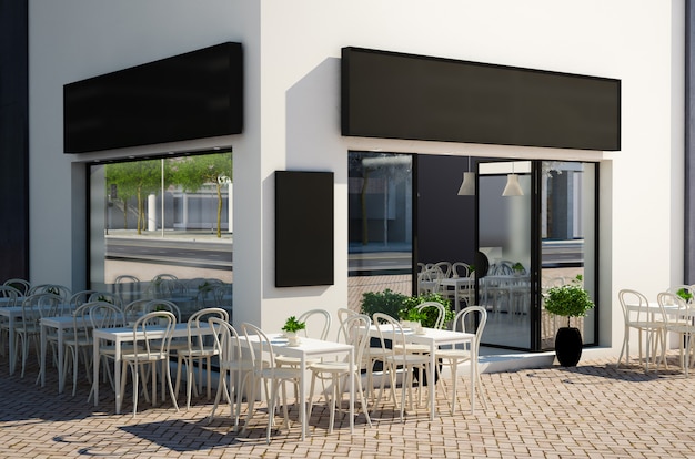 Negozio di caffè con terrazza sul mockup di strada