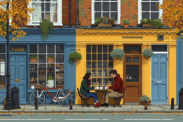 Photo cafe street coffee shop with man and woman drinking coffee