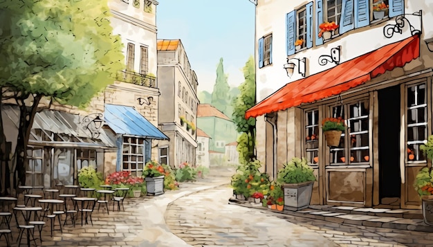 a cafe street with a beautiful garden