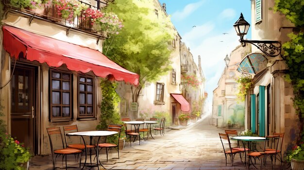 a cafe street with a beautiful garden