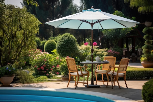 Cafe table with chair and parasol umbrella in the garden