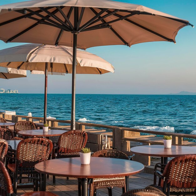 café tafels op de zee mediterrane dijk selectieve focus banner