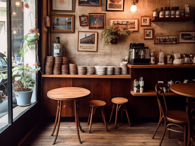 A cafe with a few tables and stools and a shelf full of coffee.