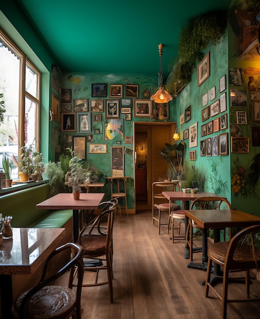 Cafe with green walls and vintage wooden furniture Ai Generative