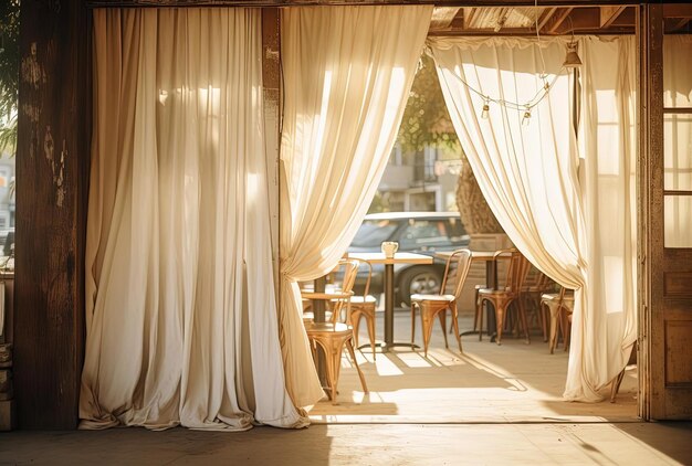 カリフォルニア・プレインエアのスタイルで外からぶら下がっている白いカーテンを持つカフェ