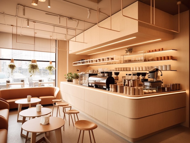 A cafe with a woman working at the counter and a coffee shop with a large window behind it.