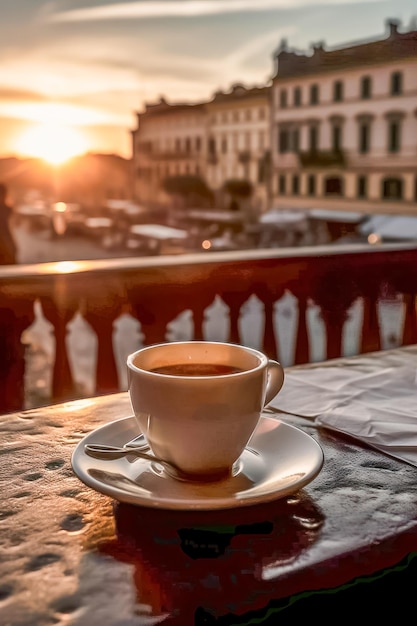 Cafe on a wooden table in the background the Coliseum of Rome at sunset