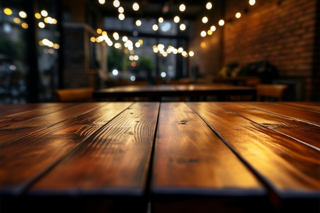 Photo cafes wooden table up close bokeh background sets the ambiance