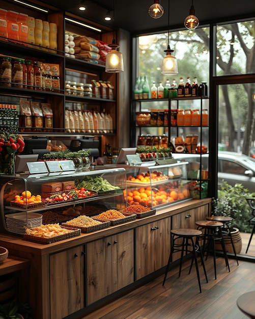 A Cafeteria With Snack Bar And Various Food Background