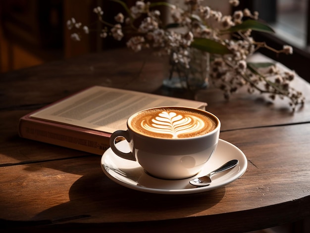 Caffee cup and book on wooden table World coffee day concept generated ia