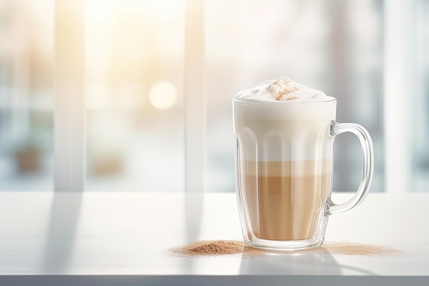 Caffee latte layered with whipped cream on white table