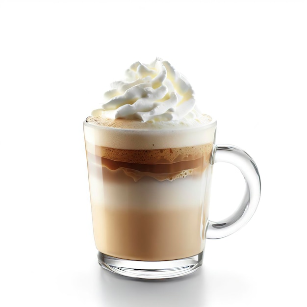 Caffee latte with whipped cream on white background