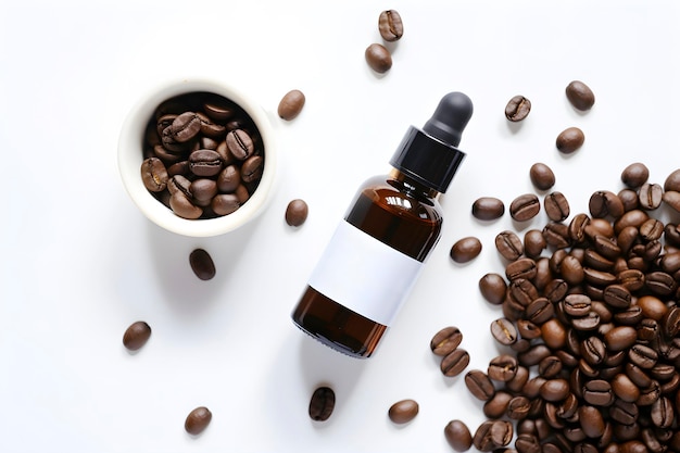 Caffeine huidverzorgings cosmetisch serum op koffiebonen Top view AI gegenereerd