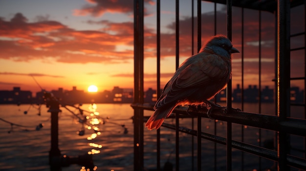 夕暮れ時の鳥の檻